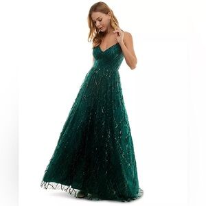 NWT Say Yes to the Prom Juniors Green Sequin Glitter Mesh Lace Up Gown Size 5